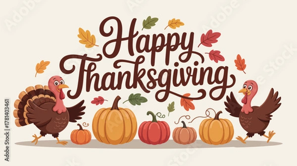 Fototapeta Happy thanksgiving greeting with cute turkeys and pumpkins surrounded by autumn leaves