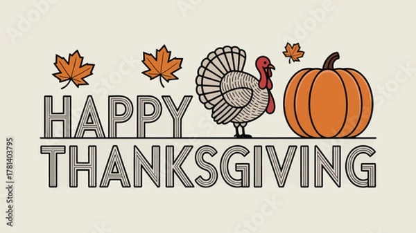 Fototapeta Happy thanksgiving greeting with a turkey pumpkin and autumn leaves illustration