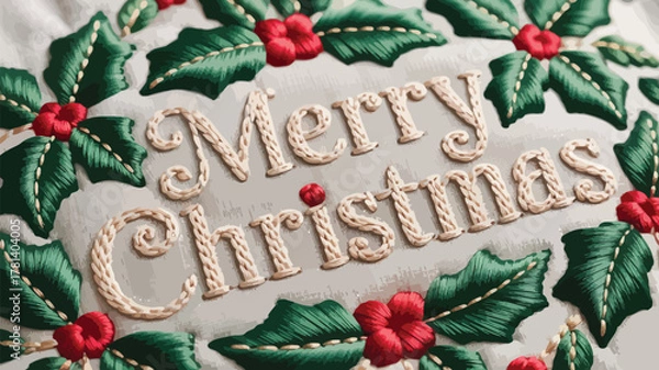Fototapeta Embroidered merry christmas text surrounded by a festive holly wreath with red berries on a textured background
