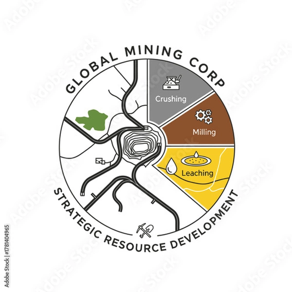 Fototapeta Global Mining Corp's strategic resource development diagram, illustrating crushing, milling, and leaching processes.