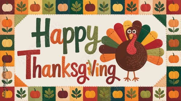 Fototapeta Whimsical cartoon turkey and pumpkins border with happy thanksgiving greeting in a quilt style