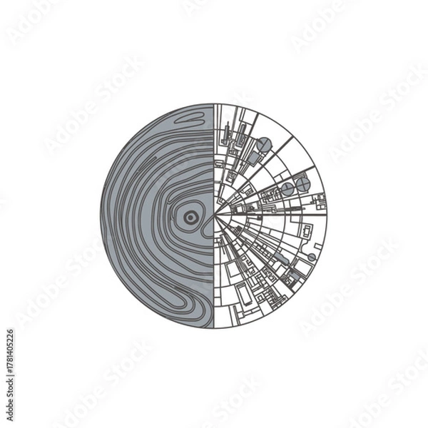 Fototapeta Abstract circular design contrasting organic wood grain patterns with geometric urban or circuit board structures.