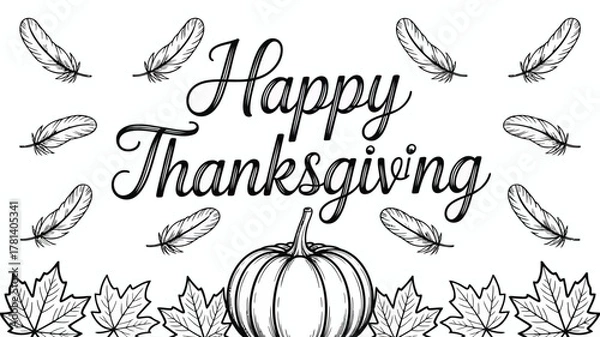 Fototapeta Happy thanksgiving handwritten calligraphy with pumpkin feathers and autumn leaves border illustration
