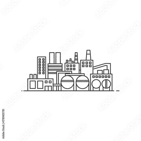 Fototapeta Line art illustration of an industrial complex, featuring factories, storage tanks, and various structures.