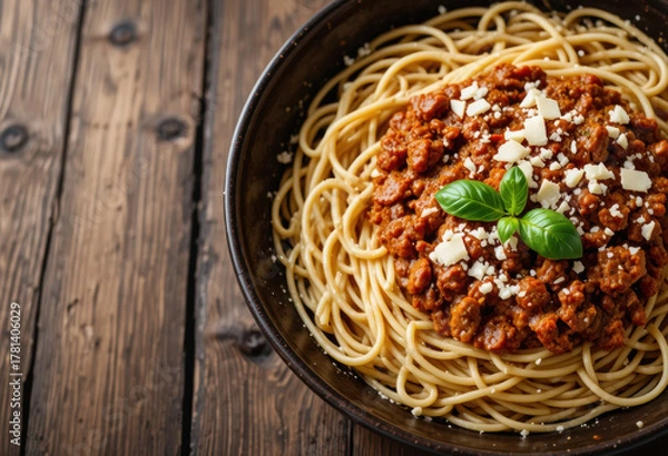 Fototapeta Spaghetti Bolognese on Rustic Wooden Table with Copy Space