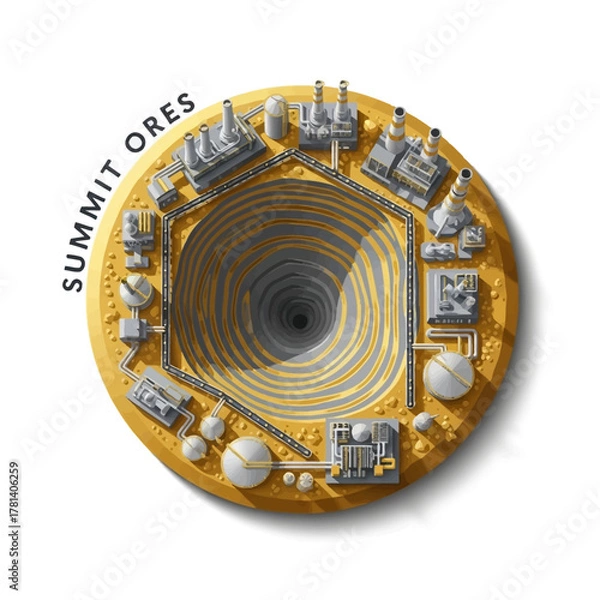 Fototapeta An overhead view of a circular open-pit mine surrounded by industrial buildings and equipment, representing Summit Ores.