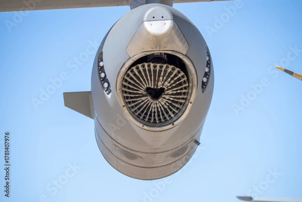 Fototapeta Rearward view of a turboprop engine nacelle showing radial fabric shielding across the exhaust section of the propulsion system