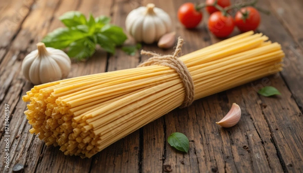 Fototapeta Uncooked Spaghetti and Ingredients on Rustic Wooden Table with Copy Space