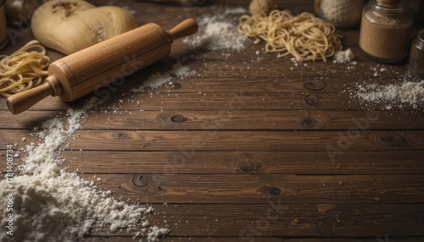 Fototapeta Rustic Still Life with Pasta and Rolling Pin on Wooden Surface with Copy Space