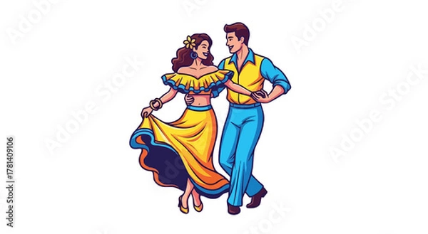 Fototapeta Cartoon illustration of a couple dancing in bright clothing on a black background scene artwork