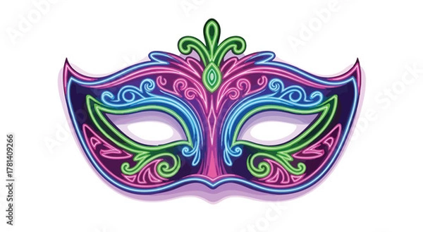 Fototapeta A neon mardi gras mask with purple pink and green lights on a black isolated background image view