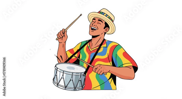 Fototapeta Man with hat and colorful shirt playing drum with sticks on black background illustration style