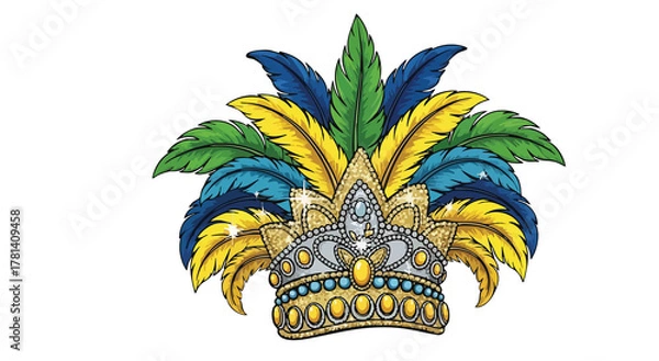 Fototapeta A glittering crown adorned with vibrant feathers on a black background illustration art