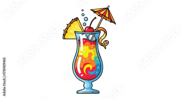 Fototapeta A colorful tropical cocktail in a glass with pineapple cherry and umbrella decoration on a black background