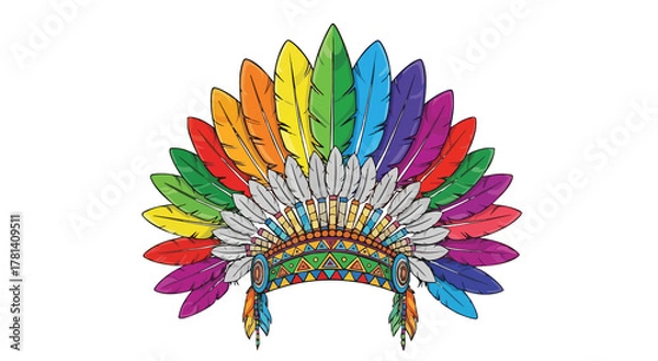 Fototapeta A colorful native american headdress with rainbow feathers on a black background illustration