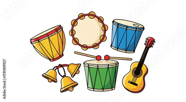 Fototapeta Illustration of various musical instruments including drums tambourine bells and a guitar on black