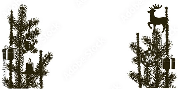 Fototapeta Vector frame in the form of fir tree tops with Christmas candles, boxes, toys and deer