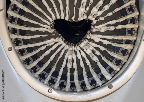 Fototapeta Close-up of turboprop engine exhaust with visible internal structure and protective fabric elements arranged radially inside nacelle housing
