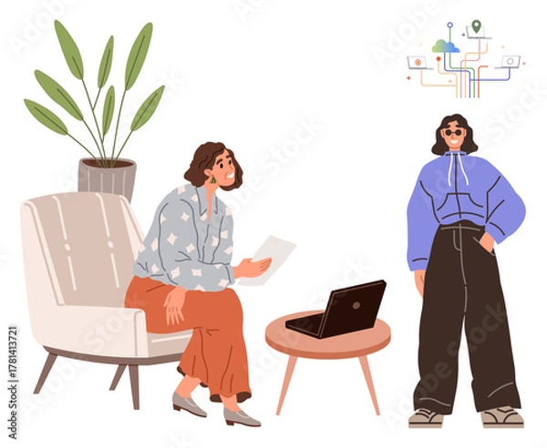 Obraz Woman seated holding a document while another stands near a potted plant and digital network icons nearby. Ideal for brainstorming, collaboration, innovation, creative solutions, teamwork