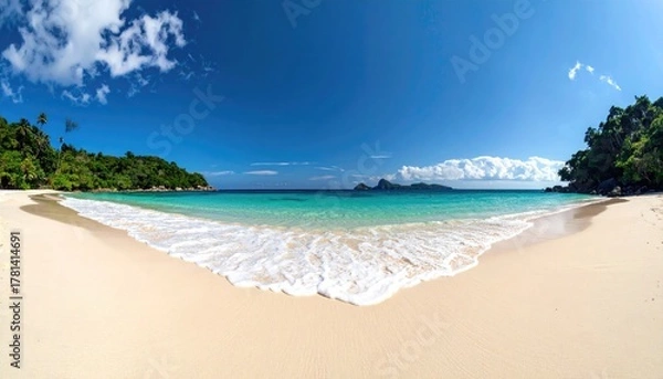 Fototapeta Serene Tropical Beach Paradise At Sunrise With Gentle Waves Lapping On The Shore And Lush Green Foliage Under A Clear Blue Sky
