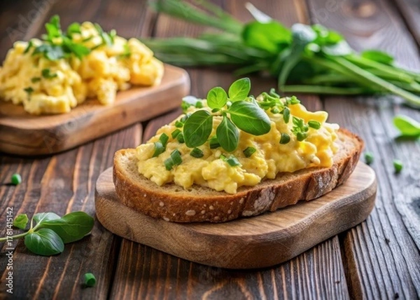 Obraz Scrambled egg on toasted bread with fresh herbs