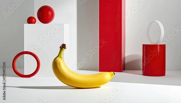 Fototapeta Single Yellow Banana Centered on White Surface with Red Geometric Shapes and Spheres in Studio Lighting