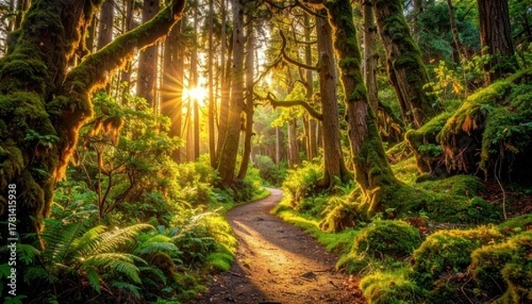 Fototapeta Sunlight Streams Through Lush Green Moss Covered Forest Trees Onto a Winding Dirt Path