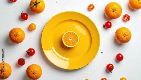 Fototapeta Top Down View of Oranges and Cherry Tomatoes Arranged Around a Yellow Plate with a Sliced Orange in the Center on a White Backdrop