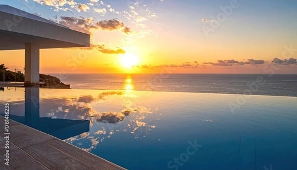 Obraz Tranquil Tropical Sunset Over Calm Ocean Reflecting Fiery Sky in Infinity Pool Edge Architecture With White Canopy and Clouds During Golden Hour