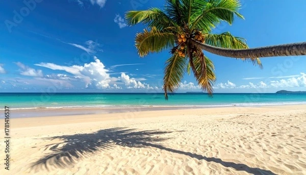 Fototapeta Tropical Beach Paradise with Leaning Palm Tree and Turquoise Ocean Under a Bright Blue Sky
