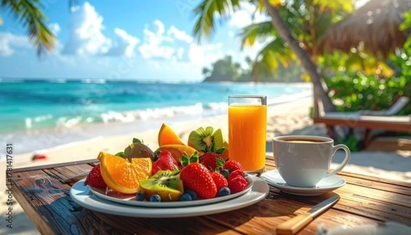 Obraz Tropical Fruit Platter and Coffee on Beach Table Overlooking Ocean and Palm Trees Under Bright Sunlight