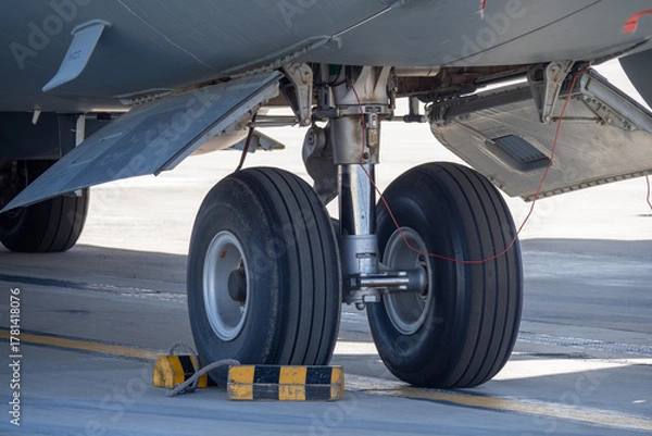 Fototapeta Detailed view of the aircraft nose landing gear showing dual wheels, hydraulic strut, and yellow-black wheel chocks on the tarmac