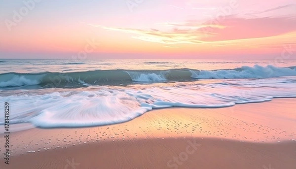 Obraz Ocean wave with gentle foam rolling onto a sandy beach during a pastel pink and orange sunset with reflections on the wet sand