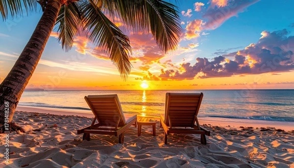 Obraz Tropical Island Beach Sunrise With Palm Tree Two Lounge Chairs and Calm Ocean Waters Reflecting Golden Sunlight and Colorful Clouds
