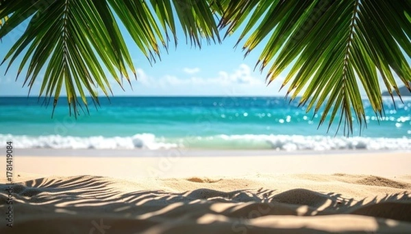 Fototapeta Tropical Beach Paradise With Palm Leaves Framing Sandy Shore Turquoise Ocean and Bright Sunny Sky in Golden Hour