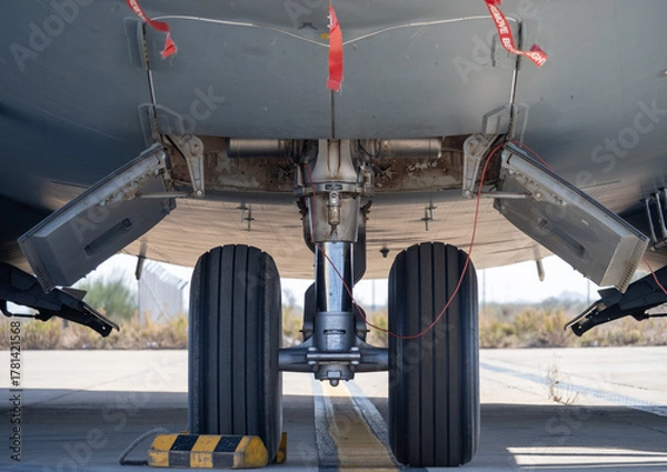Fototapeta View of the aircraft front landing gear with open bay panels and red safety remove-before-flight tags visible on the ramp