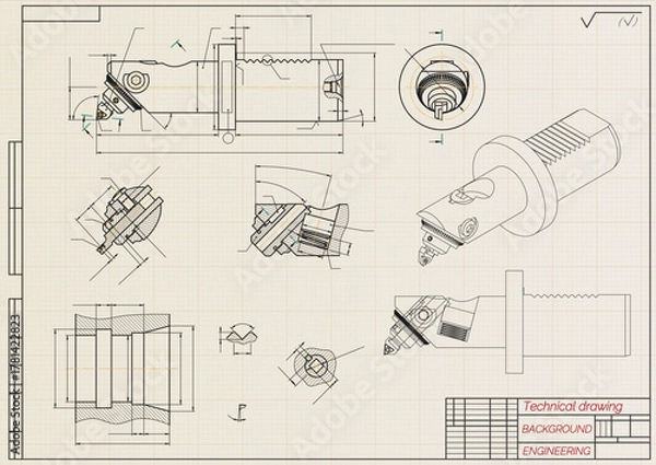 Fototapeta Mechanical engineering drawings on light background. Cutting tools, milling cutter. Technical Design. Cover. Blueprint. Horizontal seamless pattern. Vector illustration.