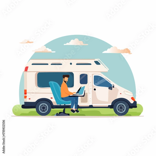 Fototapeta Man working on a laptop while sitting in a camper van