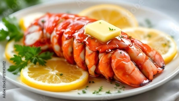 Fototapeta Succulent broiled lobster tail with melting butter, fresh lemon slices, and parsley garnish on a white plate.