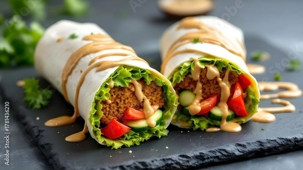 Fototapeta Two fresh vegetarian falafel wraps with lettuce, tomato, and cucumber, drizzled with tahini sauce on a dark slate platter.
