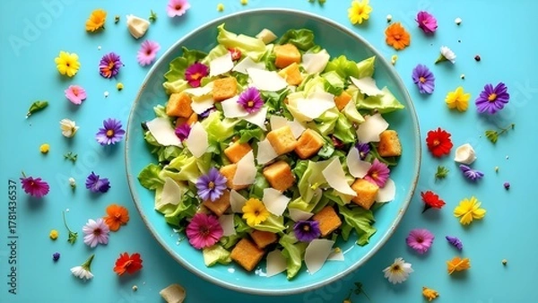 Fototapeta A vibrant and fresh salad with cheese and cubed fruit, beautifully decorated with colorful edible flowers on a blue background.