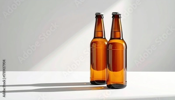 Fototapeta Two amber glass bottles of beverage stand on a white surface with long shadows cast by soft daylight highlighting the texture of the background wall
