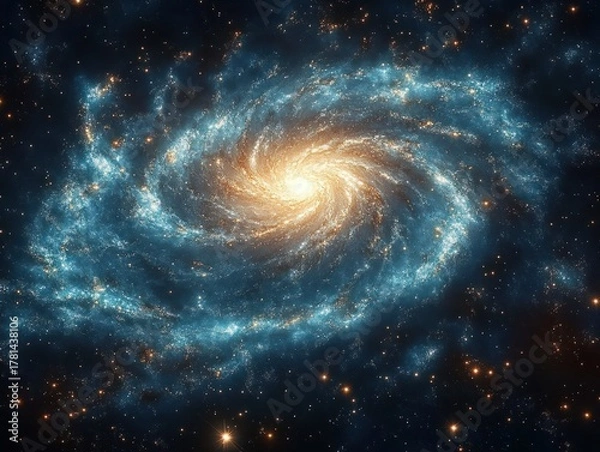 Fototapeta spiral galaxy with bright glowing core and swirling blue arms filled with stars in deep space