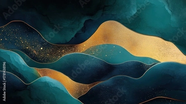 Fototapeta abstract flowing shapes with deep teal and gold textures creating a serene and dynamic layered composition