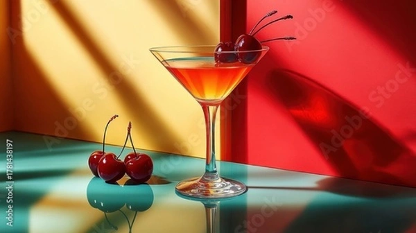 Fototapeta Brightly lit martini glass with orange cocktail garnished with cherries placed on a reflective surface against bold red and yellow background
