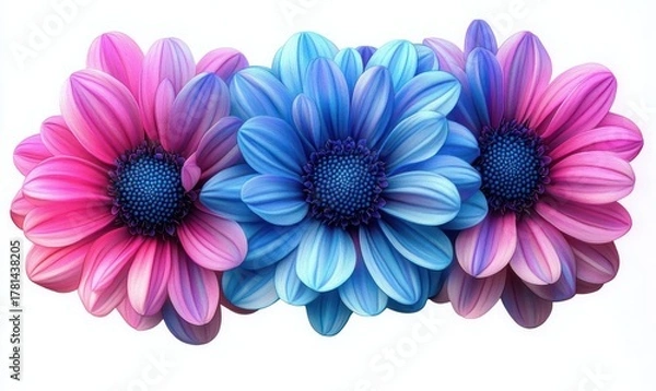 Fototapeta Close-up of three vibrant flowers with detailed petals in shades of pink and blue on a white background, evoking a sense of freshness and beauty