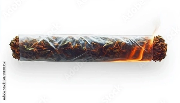 Fototapeta Close-up of a hand-rolled smoking cigarette with burning tip and loose tobacco visible inside translucent paper against white background