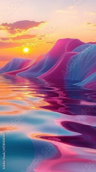 Obraz Colorful surreal landscape showing smooth, wavy hills reflected in calm water with vibrant sunset and partly cloudy sky
