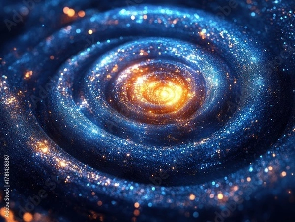 Fototapeta Close-up of a glowing spiral galaxy with swirling blue and gold sparkling stars creating a luminous cosmic scene