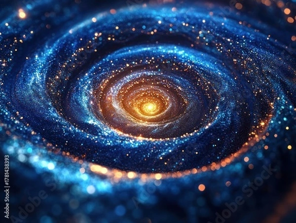 Obraz Close-up view of a glowing spiral galaxy with bright blue and orange stars swirling around a radiant golden center, evoking a sense of cosmic wonder and vastness
